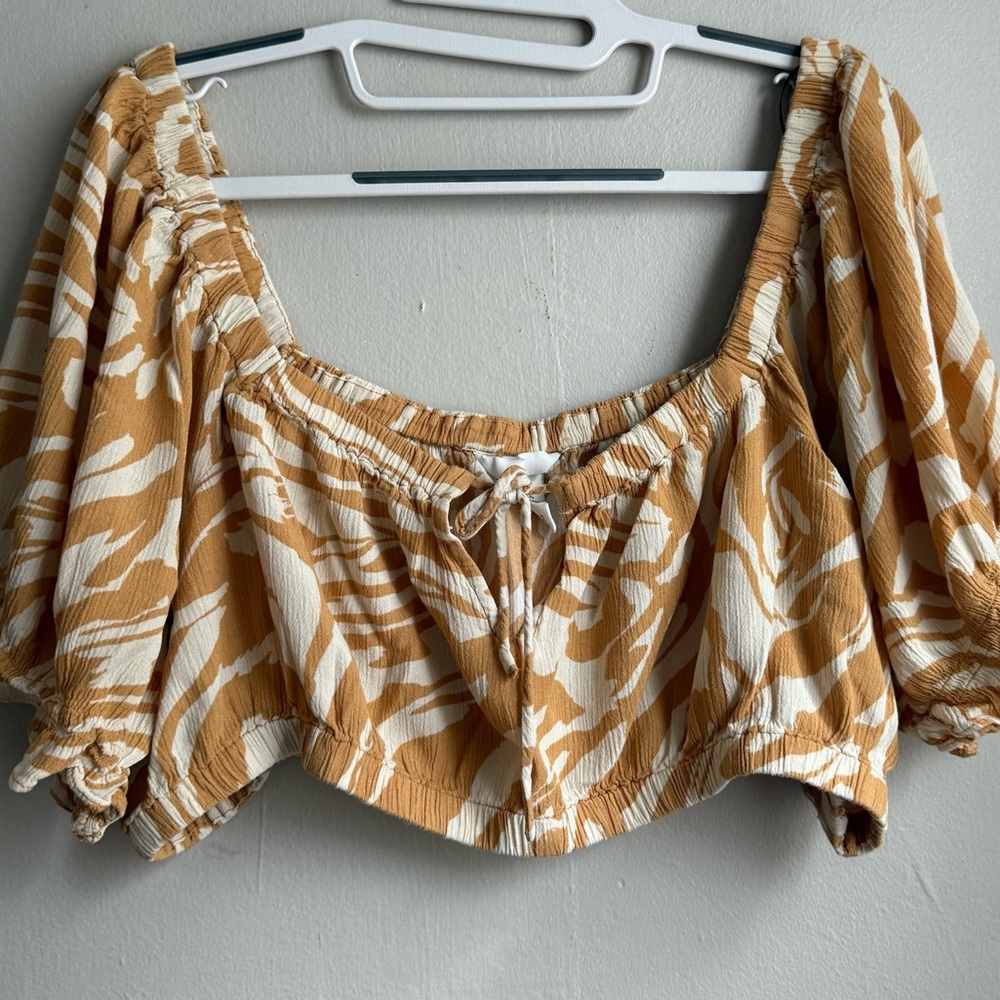 H&M Tan Abstract Print Puff Sleeve Crop Top XL Cottagecore Boho